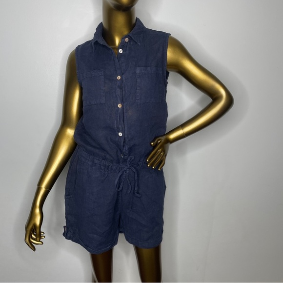 Marisa & Marie Romper Womens Small Blue Linen Half Button Coastal Vacation Beach - Picture 2 of 16